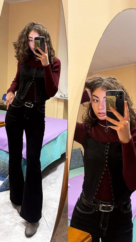 Whimsigoth Fashion With Pants, All Black 70s Outfit, Autumn Witch Aesthetic Fashion, Red Velvet Boots Outfit, Dark Corset Outfit, 90’s Outfits Fall, Dark 70s Style, Dark 70s Aesthetic Fashion, Outfits With Corsets Casual