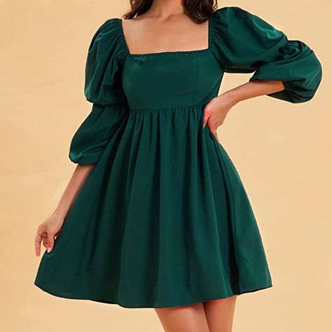 EXLURA Womens Square Neck Dress Long Puff Sleeve A-Line Casual Short Mini Dress Square Neck Dress Long, Short A Line Dress, Chiffon Mini Dress, Square Neck Dress, Green Mini Dress, Super Cute Dresses, Short Mini Dress, Long Puff Sleeves, Dress Long