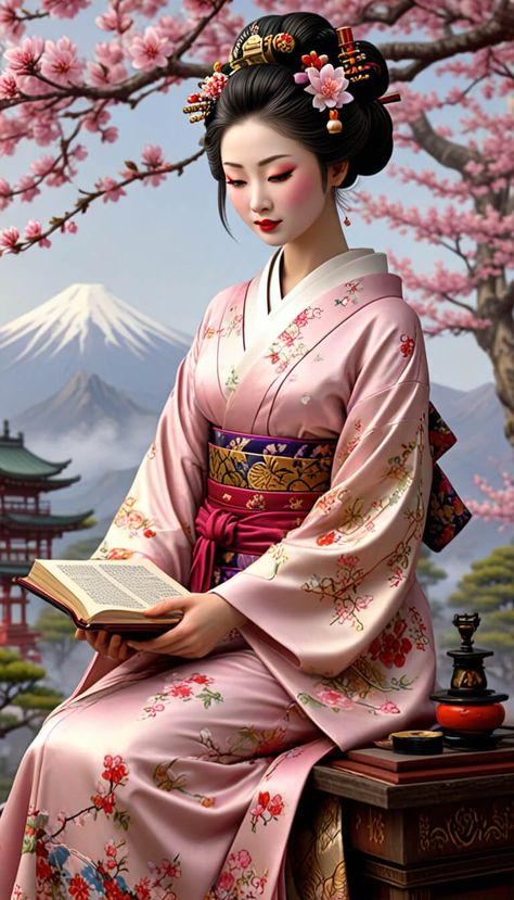 graceful geisha reading a book - AI creation Japanese Geisha Drawing, Geisha Woman, Geisha Drawing, Geisha Artwork, Geisha Anime, Art Geisha, Geisha Tattoo, Chinese Aesthetic, Geisha Art