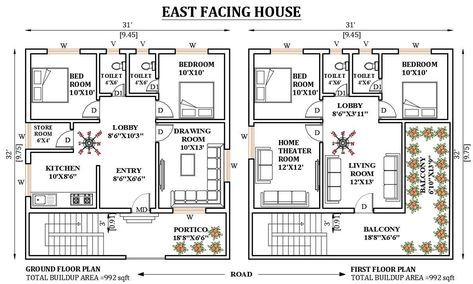 29’x38’ North Facing House Plan Is Given In This Autocad Drawing File 857 35x40 House Plans East Facing, North East Facing House Plan, 2bhk House Plan East Facing, East Facing House Plan Vastu, North Facing House Plan, 1200 Sq Ft House, Drawing House Plans, South Facing House, West Facing House