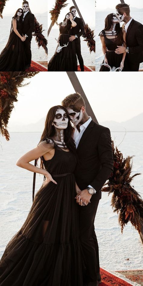 Couples Skull Halloween Costumes, Creative Skeleton Costume, Skeleton Halloween Photoshoot, Dark Halloween Costumes Couples, Skeleton Bride And Groom Costume, Skeleton Costume Couples, Couples Skeleton Costume, Couple Skull Makeup, Skull Couple Costume