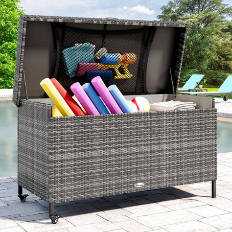 PRICES MAY VARY. Extra Large Storage- This outdoor storage box features a generous 200 gallon capacity; With dimensions of 63"L x 28.3"W x 34.3"H , the deck box offers ample space to accommodate both indoor and outdoor storage, perfect for large cushions, tools, sports equipment, pool supplies, etc.; The top cover provides an additional mesh pocket for storing small items. All-weather Material- The powder-coated steel frame is covered in all-weather hand-woven wicker to achieve easy cleaning as well as great resistance to sun, rain, heat, cold, cracking, sagging or fading; Widened waterproof lid provides better storage protection; Front handle facilitates easy opening of this outdoor wicker storage. Unique Design- The lower front panel is ergonomically designed so that even the innermost i Deck Storage Boxes, Decorate Hot Tub Area, Pool Toy Storage Ideas, Pool Storage Ideas, Pool Storage Box, Patio Cushion Storage, Outdoor Storage Bin, Pool Float Storage, Patio Storage Box