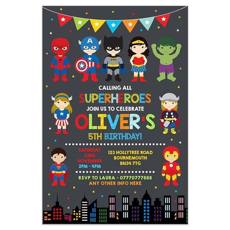 Personalised Superhero Birthday Party Invitations, Superheroes Party Invites Boys Girls | PACK OF 10 WITH ENVELOPES : Amazon.co.uk: Handmade Products Superhero Party Invitations, Superhero Birthday Party Invitations, Boy Party Invitations, Superheroes Party, Superhero Invitations, 25th Birthday Parties, All Superheroes, Superhero Birthday Party, 25th Birthday