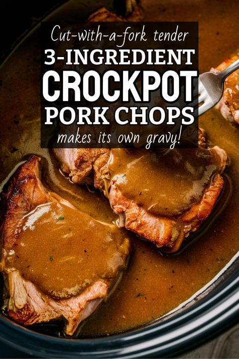 Crockpot Pork Chops Slow Cooker Dump Dinner only few ingredients cheap easy dinner and slow cooker meals - simple recipe with soup and ranch makes own gravy serve with creamy potatoes - meal planning, crockpot meals pork chops, slow cooker recipes, ranch pork chops crock pot Crock Pot Pork Chops Bbq, Slow Cooker Pork Chop Meals, Bone In Chops Crockpot, Meats For Dinners, Pork Chop Crock Pot Meals, Pork Chop Dinner Crockpot, Pork Chop Dinner Ideas Crock Pots, Pork Chops In Crockpot Recipes, Assorted Pork Chops Recipes Crockpot