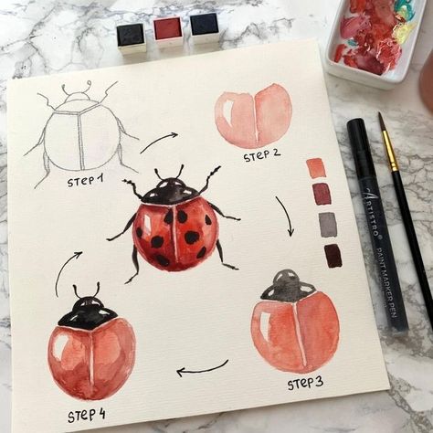 Ladybug Watercolor Paintings, Watercolor Beginner Step By Step, Watercolor Beginner Ideas, Cute Watercolor Ideas, Watercolour Drawing Ideas, Water Colors For Beginners, Watercolor Marker Art, Watercolor Ideas For Beginners, Aquarelle Ideas