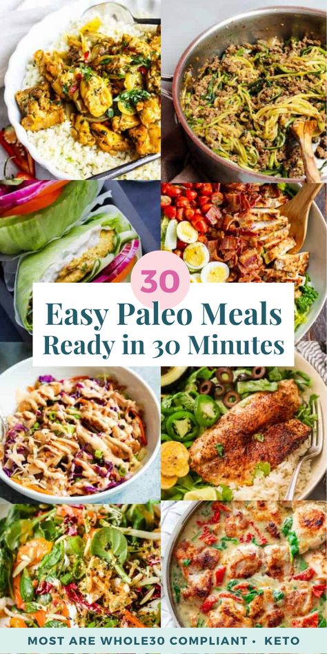 These 30 easy paleo meals are all ready in 30 minutes or less. Most recipes are Whole30 compliant and many are low in carbs + keto friendly. 30 Minute Paleo Dinner, Whole 30 Family Dinner Recipes, Meal Prep For The Week Paleo, Paleo 30 Minute Meals, Paleo Recipes With Chicken, Paleo Meal Ideas Dinners, 20 Minute Paleo Meals, Affordable Paleo Meals, Simple Paleo Lunch Ideas