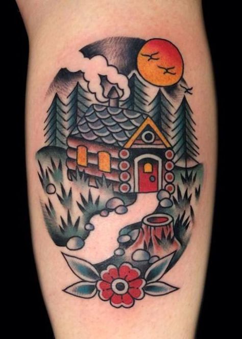 Cabin Tattoo, Winter Tattoo, Canadian Tattoo, Wood Tattoo, Snow Flake Tattoo, Traditional Style Tattoo, Tattoos Mandala, American Tattoos, Traditional Tattoo Design