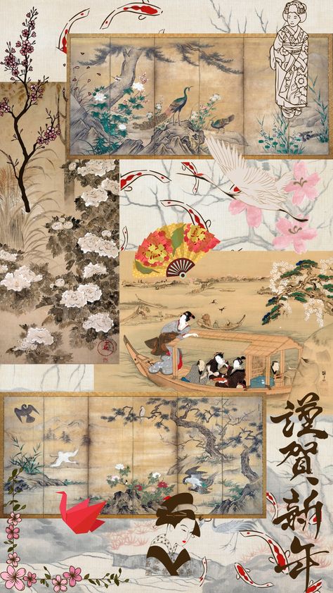 Chinese Moodboard Aesthetic, Traditional Korean Art Aesthetic, Japanese Aesthetic Culture, Japanese Moodboard Aesthetic, Japanese Scrapbook Ideas, Traditional Japanese Art Aesthetic, Japanese Journal Ideas, Japan Moodboard Aesthetic, Japanese Collage Art