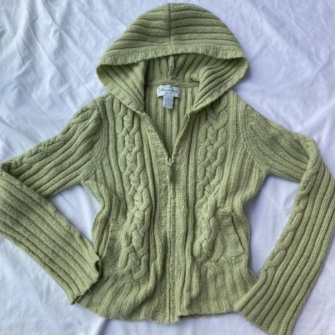 Celery Knit Hoodie 🧸 🎀 Details: Light green cable... - Depop Fitted Zip Up, Cable Knit Zip Up, Fitted Knit Hoodie, Knitted Zip Up Sweater, Green Zip Up Sweater, Zip Up Knit Sweater, Knitted Hoodie, Thrift Inspo, Clothes Items