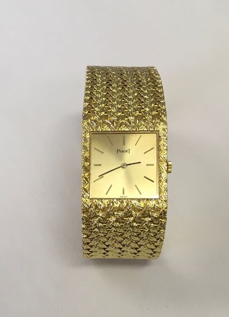 "Genuine Piaget watch with a manual movement in 18 karat yellow gold with a woven 18 karat yellow gold bracelet.  The watch measures 7\" long and 7/8\" wide.  It has a square case and gold stick dial.  Watch is in excellent condition and was serviced 1/9/2021.  Preowned.  Serial # 362124.  Model # 9352D2." Piaget Watch, Mens Wrist Watches, Titanium Watches, Crosses Decor, Cartoon Wallpaper Iphone, Cartier Watch, Rings For Girls, Yellow Gold Bracelet, Lovely Ring