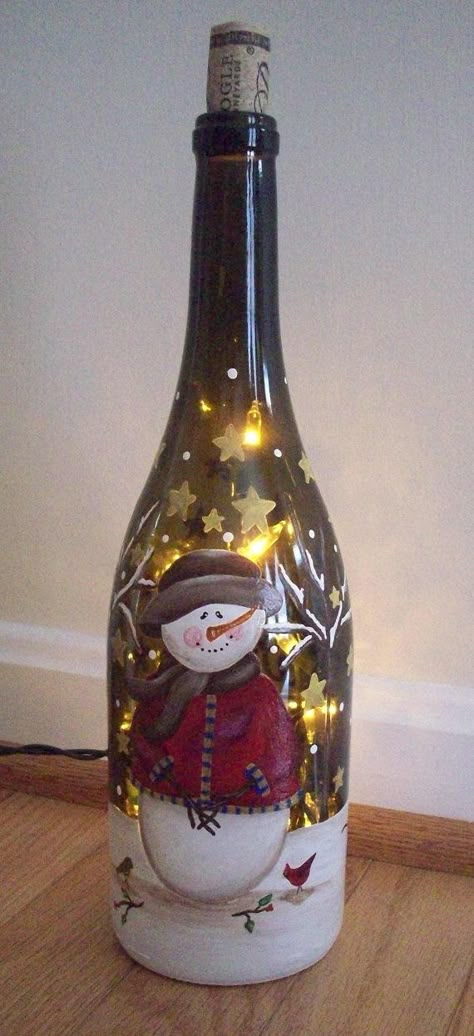 Hand Painted Christmas Winter Lighted by keepitsassydesigns Christmas Wine Bottles, Wine Craft, Wine Bottle Art, Hand Painted Christmas, Painted Wine Bottles, Lighted Wine Bottles, Wine Bottle Decor, Wine Bottle Crafts, Christmas Wine