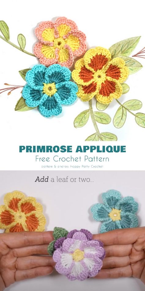 Primrose Appliques Crochet Primrose Pattern, Different Types Of Crochet Flowers, Primrose Stitch Crochet Pattern, Primrose Crochet Pattern, Crocheted Flower Appliques, Crochet Motifs Free Pattern Appliques, Crochet Floral Applique, Crochet 2d Flowers Free Pattern, Free Crochet Flower Applique Pattern