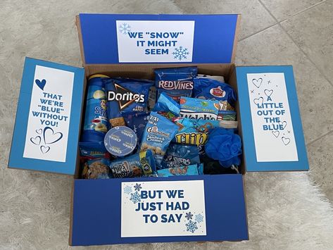 Winter Care Package Ideas, Winter Care Package, Something Out Of The Blue, Jolly Ranchers Candy, Care Package Ideas, Blue College, Winter Care, Snow Theme, Frozen Characters