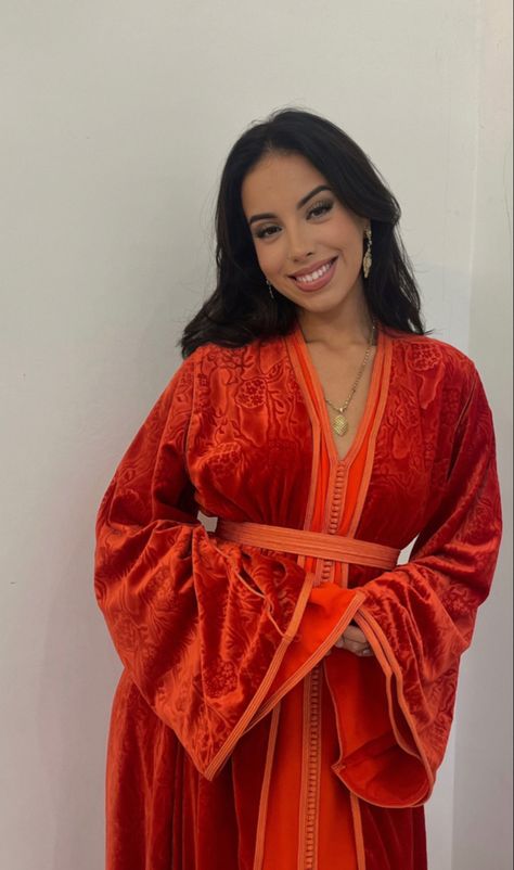 Traditional Orange Maxi Kaftan, Traditional Orange Tunic Kaftan, Orange Abaya, Luxury Traditional Orange Kaftan, Winter Kaftan, Kaftan Ideas, Orange Kaftan, Orange V-neck Kaftan For The Beach, African Aesthetic