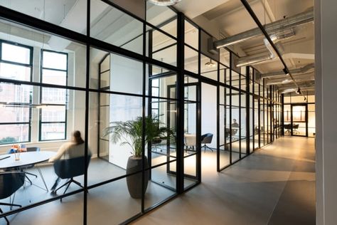 Office With Glass Partition, Warehouse Office Design, Open Office Layout, Industrial Office Space, Industrial Style Office, Glass Wall Office, Warehouse Office, Industrial Office Design, Loft Office