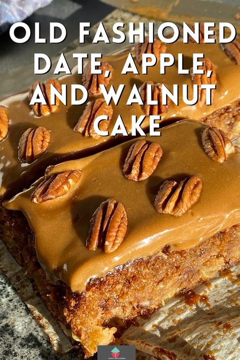 Old Fashioned Date, Apple, and Walnut Cake. This old-fashioned date, apple, and walnut cake is easy to make, moist, and loaded with apple and dates keeping it sweet and soft. The walnuts add a great texture and crunch. Salted caramel frosting adds a perfect finish to this delicious cake. Date Recipes Desserts, Date And Walnut Cake, Walnut Loaf, Salted Caramel Frosting, Apple Walnut, Date Cake, Loaf Cakes, Fruit Cake Christmas, Quails