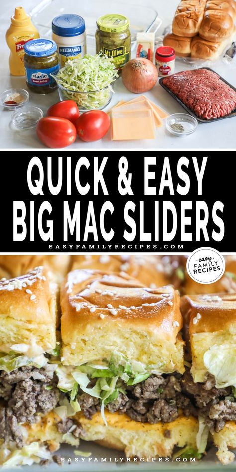 Easy sliders that taste exactly like a Big Mac! These Big Mac sliders are a total crowd pleaser, perfect for game days and parties. These Big Mac Sliders feature Hawaiian rolls with juicy ground beef inside, smothered with special sauce, melted cheese, pickles, and onions. This Big Mac Sliders recipe is one that’s requested again and again - they’re that good! Sliders Recipes Hawaiian Rolls Hamburger, Hawaiian Roll Sliders Ground Beef, Food Sliders, Easy Sliders, Big Mac Sliders, Resident Activities, Sliders Recipes Hawaiian Rolls, Party Food Easy Appetizers, Easy Slider Recipes