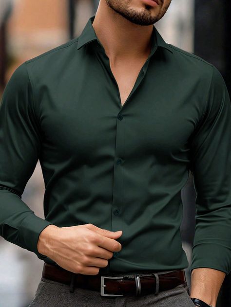 Green Casual Collar Long Sleeve Fabric Plain Shirt Embellished Slight Stretch  Men Clothing Men In Green Shirt, Dark Green Shirt Outfit Men Formal, Emerald Green Shirt Men, Dark Green Shirt Men, Green Dress Shirt Men Outfits, Outfit Camisa Verde, Green Shirt Outfit Men, Shirt For Men Formal, Husband Outfits