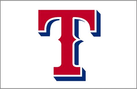 Texas Rangers Jersey Logo (2004) - Red T with blue dropshadow and white outline. Worn on front of Texas Rangers home white alternate (and sleeveless) uniforms from 2004 to 2008 Texas Rangers Nails, Texas Rangers Logo, Reggae Art, Texas Baseball, Texas Tattoos, Baseball Teams Logo, Texas Rangers Baseball, Texas Sports, Texas Ranger