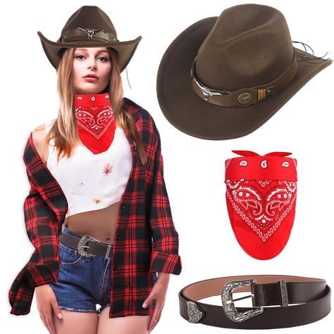 PRICES MAY VARY. 【4 Pcs Western Cowgirl Outfits 】This cowgirl costume set includes 1 classical red plaid shirt, 1 cowgirl hat, a belt and a paisley bandana.The nice cowgirl costume set can meet your Halloween and western party dress up needs. 【Classic Cowgirl Shirt Hat 】The plaid shirt is mainly made of polyester fabric, soft and durable; The cowboy hat is primarily made of felt, delicate and long lasting; The country belt is mainly made of alloy and faux leather, designed with beautiful print, Western Halloween Costumes, Cowboy Costume Women's, Cowgirl Costume For Women, Cowgirl Costume Diy, Western Cowgirl Outfits, Cowgirl Outfits Halloween, Traje Cowgirl, Womens Western Hats, Cowgirl Outfits For Women