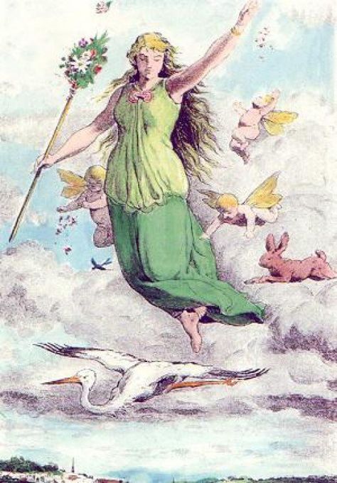 A colorized version of Johannes Gehrts' piece titled "Ostara," created in 1884. Eostre Goddess, Spring Goddess, Owl Wings, Pagan Festivals, Pagan Spirituality, Vintage Easter Cards, Vernal Equinox, Spring Equinox, Norse Mythology