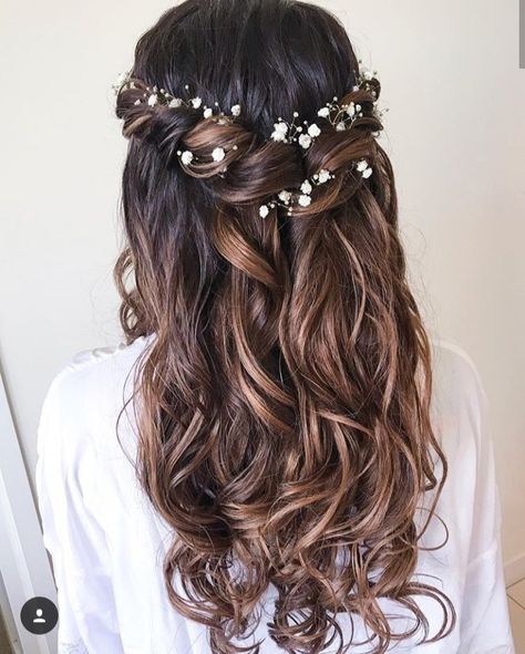 Prom Hairstyles With Baby Breath, Prom Hair With Baby Breath Flowers, Long Wedding Hair Flowers, Bridal Hairstyles With Bangs Half Up, Waterfall Braid Bridal Hair, Bridal Hair With Babies Breath, Long Bridal Hair With Flowers, Fairy Wedding Hair With Veil, Wedding Hair Baby’s Breath