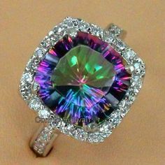 Rainbow Topaz Ring, Rainbow Topaz, Cz Rings Engagement, Hinged Bracelet, Mystic Topaz, Peacock Feather, Color Ring, Topaz Ring, Color Crystal