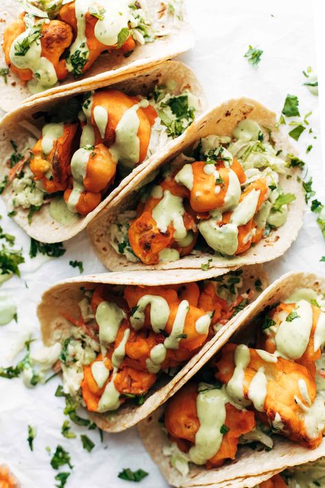 Califlower Tacos, Buffalo Cauliflower Tacos, Crema Recipe, Tacos With Avocado, Cauliflower Tacos, Avocado Crema, Easy Summer Dinners, Buffalo Cauliflower, Fried Cauliflower