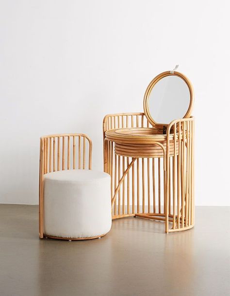 This rattan table and stool fit perfectly together to create a stylish and small space–friendly bedroom accent. | Products: The Elise, Urban Outfitters. Elise Vanity, Rattan Vanity, Vanity Table Set, Furniture Material, Deco Boheme, Vanity Stool, Vanity Table, Furniture Collections, A Mirror