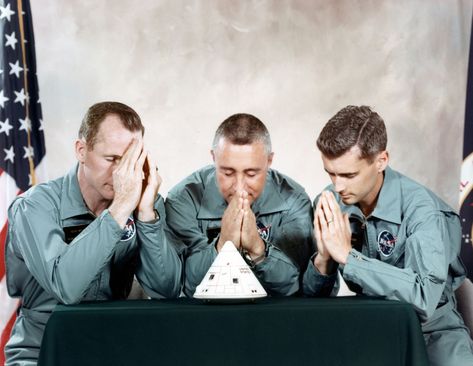 The Apollo 1 crew, Ed White, Gus Grissom, and Roger Chaffee, jokingly pray to a model capsule in a mock crew portrait on April 1, 1966 in Houston, Texas Gus Grissom, Apollo 9, Apollo Spacecraft, Apollo 16, Apollo Space Program, Nasa History, Lunar Landing, Apollo 1, Apollo Program