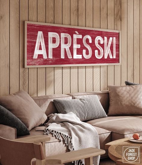 Upgrade your winter decor with our faux weathered wood "APRES SKI" sign. The vintage lettering and distressed texture effortlessly infuse modern farmhouse style. Embrace après-ski vibes and make a statement in your space, blending nostalgia with contemporary design for the perfect winter touch. Available printed on canvas, paper, or aluminum, framed or unframed, these make wonderfully thoughtful gifts! SIZES: 24" x 8", 36" x 12", 48" x 16", 60" x 20", or 72" x 24" MATERIALS: CANVAS -- Printed on Ski House Decor Interiors, Apres Ski Decor, Ski Chalet Decor, Long Horizontal Wall Art, Ski Vibes, Ski Sign, Ski Lodge Decor, Custom Wedding Decor, Retro Ski