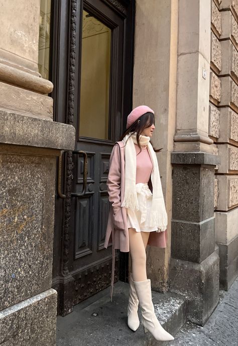 Pink Outfit Winter Aesthetic, Winter Aesthetic Dress Outfit, Cute Aesthetic Pink Outfits, Hyper Girly Outfits, Paris Aesthetic Outfit Winter, Hyper Feminine Outfit Ideas, Winter Outfit For Short Girl, Cute Outfit Girly, Pink Paris Outfit