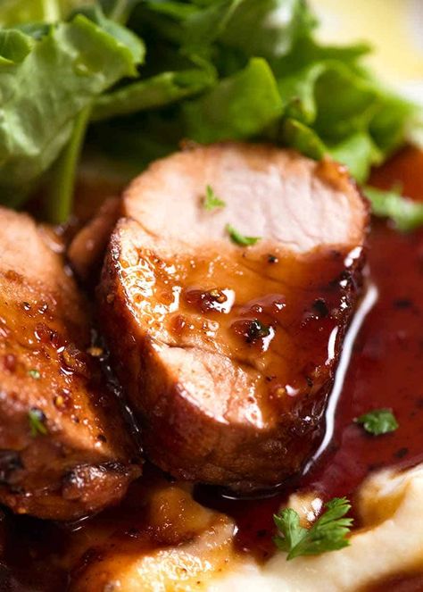 Slice of juicy Honey Garlic Pork Tenderloin on a bed of creamy mashed cauliflower Pork Tenderloin With Honey Garlic Sauce, Honey Pork Tenderloin Recipes, Best Sauce For Pork Tenderloin, Pork Fillets Recipe, Pork Loin Sauce Recipes, Pork Filets Recipes, Sauces For Pork Tenderloin, Pork Tenderloin Sauce Recipes, Roast Pork Sauce