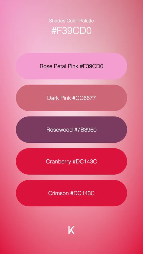 Shades Color Palette Rose Petal Pink #F39CD0 · Dark Pink #CC6677 · Rosewood #7B3960 · Cranberry #DC143C · Crimson #DC143C Ponytown Hair, Pink Color Combinations, Pink Color Combination, Hex Color, Monochromatic Color Palette, Hex Color Palette, Summer Color Palette, Color Palette Pink, Soft Rose