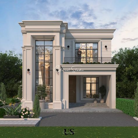 Classical Facade . . . . . . @raavvvviii Modern Classic Villa Exterior, Classical House Elevation, Corner Elevation, Neo Classic Villa, Classic Villa Exterior, Elevation Architecture, Home Facade, Classical Facade, House Structure Design