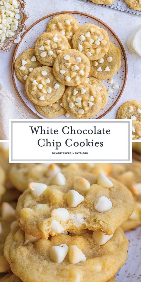 With crispy edges, soft centers, and loads of white chocolate chips these EASY White Chocolate Chip Cookies are totally over the top! Homemade White Chocolate Chip Cookies, Easy White Chocolate Chip Cookies, Recipes With White Chocolate Chips, White Chocolate Chip Recipes, Chocolate Cookies With White Chips, White Chocolate Chip Cookie Recipe, White Chip Cookies, White Choc Chip Cookies, White Chocolate Chips Recipes