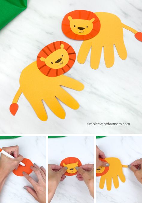 Turn your childs into this cute handprint lion craft. Its perfect for zoo or wild animal themes. Download the free printable template and make with toddlers, preschool and kindergarten kids. #simpleeverydaymom Lion Activity Preschool, Safari Animal Art Preschool, Kindergarten Animal Crafts, Lion King Preschool Activities, Wild Animals Preschool Crafts, Wild Animals Kindergarten Activities, Wild Animals Crafts For Kids Preschool, Wild Animal Crafts For Toddlers, Wild Animals Activities For Toddlers