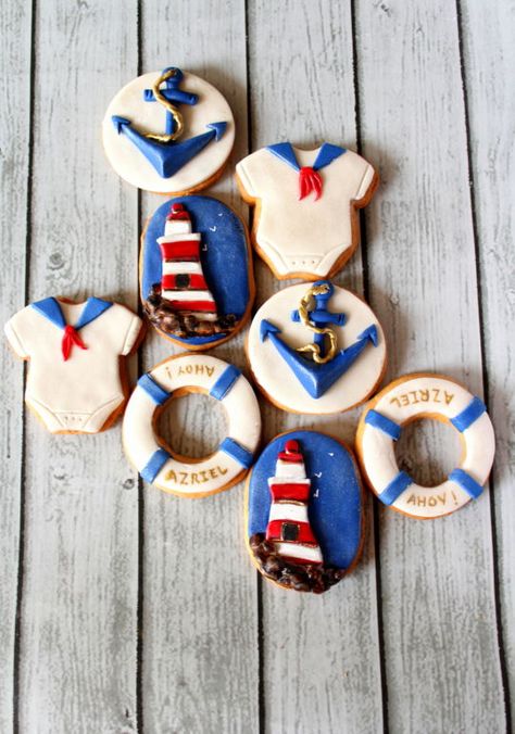 Nautical Sailor Baby Shower Theme, Boy Baby Shower Cookies, Nautical Mickey, Whale Cookies, Baby Shower Sugar Cookies, Sailor Baby Showers, Mickey Baby Showers, Onesie Cookies, Sailor Baby