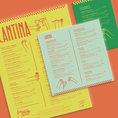 CANTINA 🍝✨ say hiii to the cantina menu & some stickers! I don't have a lot of experience with menu design (especially extensive ones) so really enjoyed challenging myself with this ond and making the layout work well & still look nice ✨ brief by @designerbriefs #dbcantina #designerbriefs ✶ #graphicdesign #graphicdesigner #design #branding #branddesign #branddesigner #brandidentity #brandidentitydesign #logodesigner #logodesigner #logoinspirations #graphicdesigncentral #designeveryday #cre... European Menu Design, Menu Design Mexican, Mexican Food Branding, Indian Restaurant Menu Design, Mexican Restaurant Branding, Taco Branding, Taqueria Design, Taco Menu, Tacos Menu