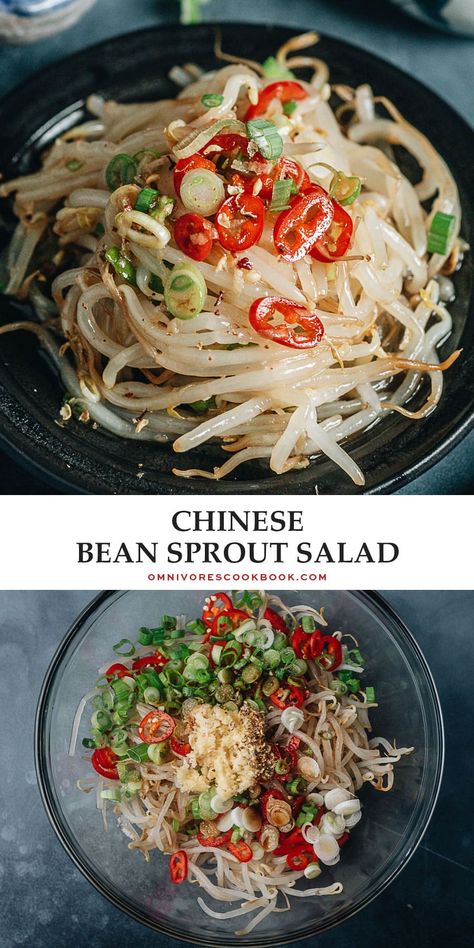 An easy bean sprout salad recipe that is perfect for summer and helps you eat a lot of bean sprouts! The crunchy bean sprouts are tossed with a lot of garlic and a savory sauce that is slightly sour and nutty. It is refreshing yet very flavorful. {Gluten-Free Adaptable, Vegan} Recipes With Bean Spouts, Marinated Bean Sprouts, Orthodox Fasting, Bean Sprout Recipes, Bean Sprout Salad, Chinese Foods, Fasting Recipes, Bean Sprout, Sprout Salad