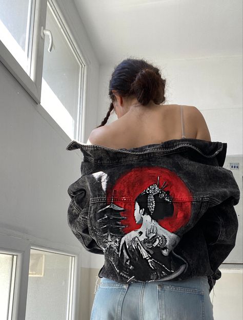 #art #japan #geisha #yokai #tattoo #denim #customdenim Moon Japanese Art, Yokai Tattoo, Moon Japanese, Japan Geisha, Art Japan, Red Moon, Denim Jackets, Japanese Art, Jean Jacket