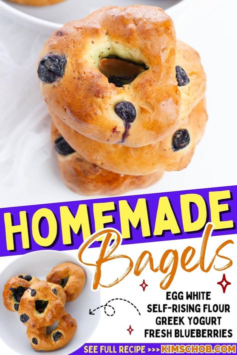 Try these 3 ingredient blueberry bagels, a homemade bagel studded with blueberries. This is a great breakfast recipe, brunch, or dessert. If you are looking for a tasty blueberry bagel recipe try this recipe today. 2 Ingredient Blueberry Bagels, 3 Ingredient Blueberry Bagels, 3 Ingredient Bagels Air Fryer, How To Make Homemade Bagels, Blueberry Bagels Recipe Homemade, Yogurt Bagels Recipe, Low Calorie Bagel Recipe, Blueberry Bagel Recipe, 3 Ingredient Bagels