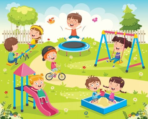 Children playing in the park Premium Vec... | Premium Vector #Freepik #vector #tree #kids #children #nature Picture Comprehension, Preschool Pictures, Summer Kindergarten, Children Park, Park Pictures, 카드 디자인, Aktivitas Montessori, Kids Groups, Children Playing