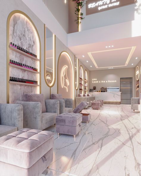 Beauty Salon on Behance Modern Workstation Design, Workstation Design Office, Counter Design Office, Office Entrance Design, Luxury Salon Interior Design, Beauty Salon Interior Luxury, Comercial Interior Design, Beauty Salon Interior Design Ideas, Office Counter Design