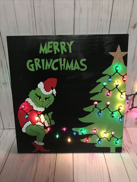 My custom grinchmas Christmas sign with lights I made myself Grinch Canvas Painting Diy, Christmas Paintings Grinch, The Grinch Painting On Canvas, Grinch Painting Ideas, Christmas Sign With Lights, Grinch Painting On Canvas, Grinch Canvas Painting, Grinch Paintings, Grinchmas Ideas