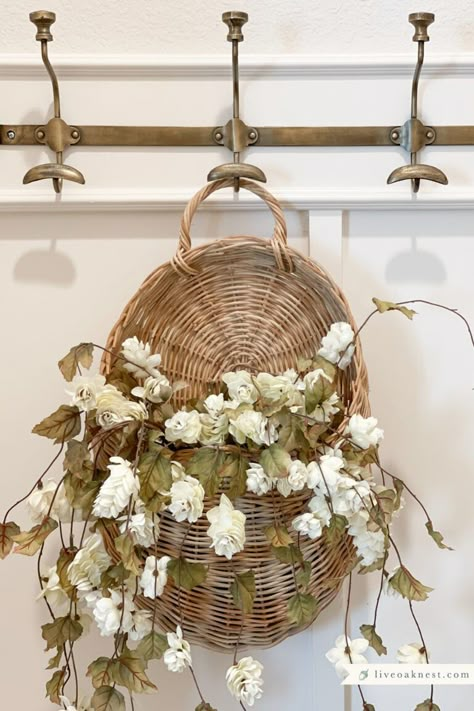 French Baskets Decor, French Cottage Design Interior, Fall French Country Decor, Country French Cottage Decor, French Country Cottage Fall Decor, Cottage Home Inspiration, French Country Mantle Decor, Basket On Wall Decor, Cottage Entryway Ideas