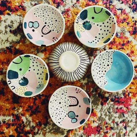 HAND PAINTED CERAMICS Cute abstract art painted trinket dishes or dipping bowls, a lovely way to brighten your home or stash your jewellery. Follow my creative journey over on instagram - love Stace x #trinketdish #jewellerydish #paintedceramics #ceramics #paintedpottery #pottery #homewares #dippingbowl #kitchenware #uniquegifts Abstract Pottery Painting, Dipping Bowls, Painted Ceramics, Keramik Design, Dip Bowl, Pottery Painting, Hand Painted Ceramics, Ceramic Painting, Trinket Dishes