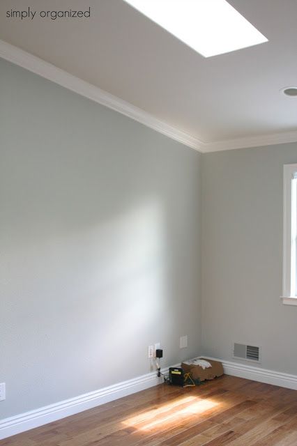 Wall color is Sleigh Bells from Benjamin Moore. Simply Organized Popular Bedroom Paint Colors, Apartment Updates, Organized Home Office, Nursery Paint, Interior Paint Color, Inexpensive Living Room, Basement Colors, Simply Organized, Interior Painting Ideas