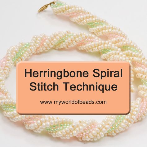 Spiral Stitch, Spiral Necklace, Herringbone Stitch, Beading Techniques, Bead Stitching, Bead Store, White Necklace, Beaded Material, Bead Designs