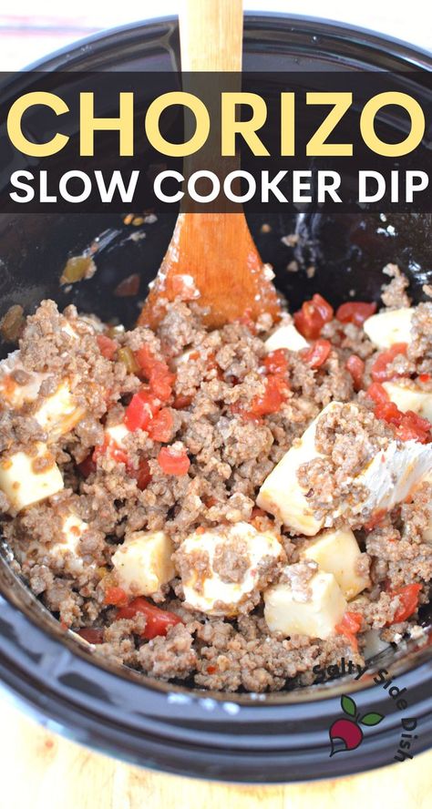 Slow Cooker Chorizo Dip - Cheesy Velveeta, cream cheese, and Ground Chorizo dip in slow cooker/crock pot – ready in 2 hours. Easy slow cooker chorizo queso dip for your parties, football games, and dinner! Perfectly smooth and so cheesy and creamy! ground chorizo diced tomatoes with chilies cream cheese Velveeta Queso Blanco cheese cubed tortilla chips White Queso Dip Crockpot With Meat, Chorizo Cheese Dip Crockpot, Sausage Dips Crockpot, Chorizo Velveeta Dip, Chorizo Dip Crockpot, Chorizo Cream Cheese Dip, Crock Pot Chorizo Queso Dip, Chorizo Queso Dip Velveeta, Crockpot Chorizo Queso Dip